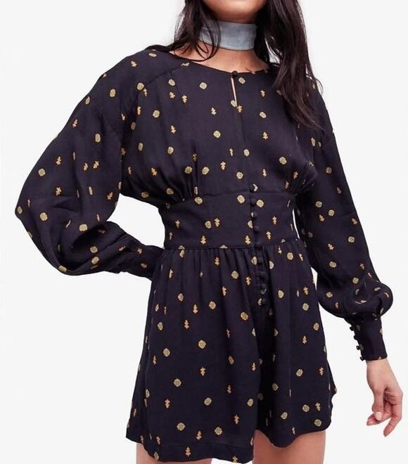 Free People Pants - NWT Free People Love Grows Front‎ Button Long Sleeve Romper Black Floral